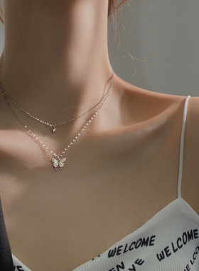 s925纯银闪钻蝴蝶双层项链锁骨链