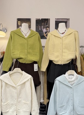 韩系减龄学院风花边娃娃领单排扣开衫毛衣马克龙色系小众针织外套