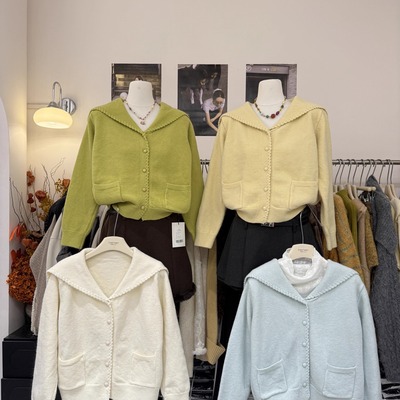 减龄学院风花边娃娃领开衫毛衣女