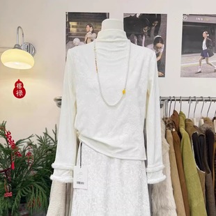 新中式复古提花双层毛毛拼接袖上衣女新款加绒国风内搭高领打底衫