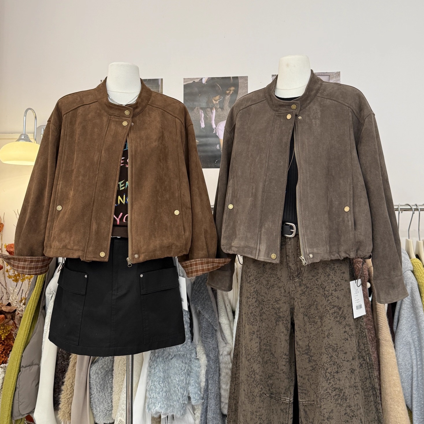 立领鹿皮绒拼格子袖口夹棉短外套