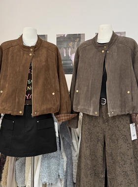 美式秋冬复古立领鹿皮绒夹棉短外套女气质宽松百搭拼格子袖口夹克