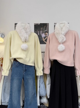 冬季慵懒风氛围感圆领毛衣配毛绒领高级感时髦宽松百搭针织上衣女