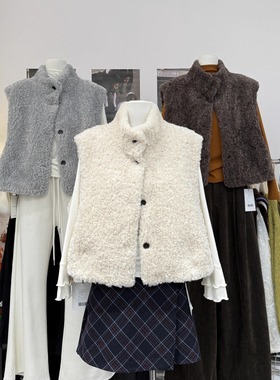 韩系通勤冬季加厚保暖羊羔毛立领皮毛一体马甲女气质减龄毛绒外套