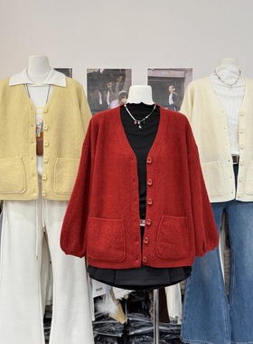 慵懒风高级感软糯V领开衫针织外套冬季新款宽松加厚保暖外穿上衣