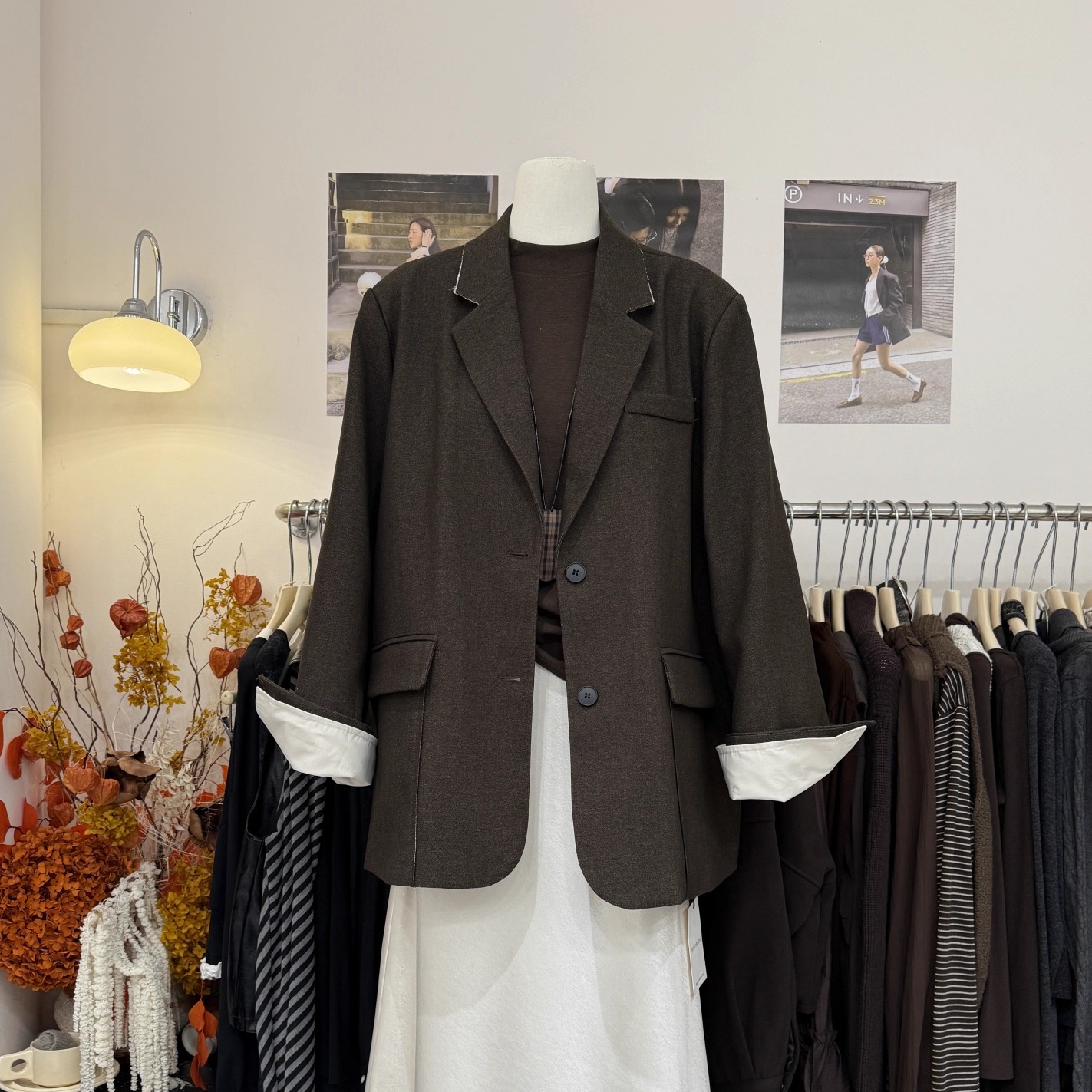 法式撞色袖领复古咖西装TR外套女