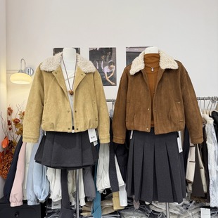 韩系通勤羊羔毛翻领鹿皮绒夹棉外套25年冬季 保暖复古休闲夹克 新款