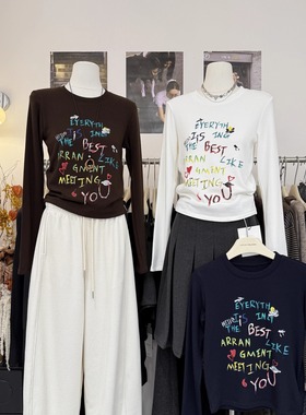 奇趣潮Tee别致字母印花T恤女2025秋冬新款修身显瘦圆领长袖打底衫