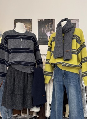 韩系复古撞色条纹针织衫搭配氛围感减龄围巾秋冬高级显瘦百搭毛衣