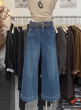美式复古蓝色直筒喇叭牛仔裤2025秋季新款设计感口袋高腰九分裤女
