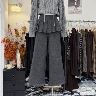 韩系假两件百褶屁帘灰色阔腿裤女