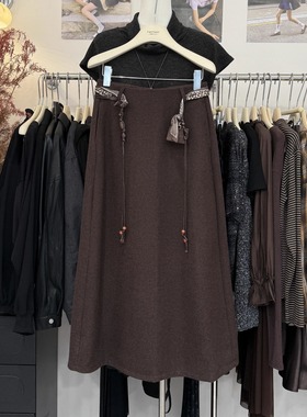 极简配腰绳针织半身裙女2025秋季新款高腰显瘦气质垂坠感a字长裙