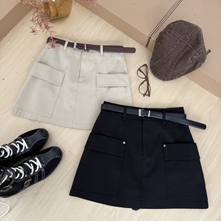 高腰显瘦A字休闲短裙子 新款 天丝棉斜纹工装 口袋半身裙女2025秋季