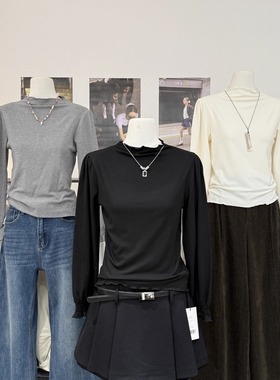 韩系洋气立领泡泡袖T恤25年秋冬新款时尚修身内搭磨毛长袖打底衫