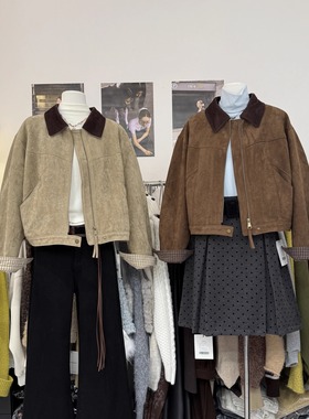 韩系复古撞色灯芯绒翻领设计鹿皮绒厚外套女冬季保暖加绒短款夹克