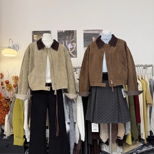 韩系复古撞色灯芯绒翻领设计鹿皮绒厚外套女冬季保暖加绒短款夹克