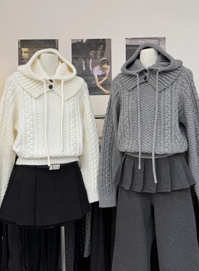 韩系慵懒软糯粗针麻花针织衫可拆卸帽25年秋冬新款短款套头上衣女