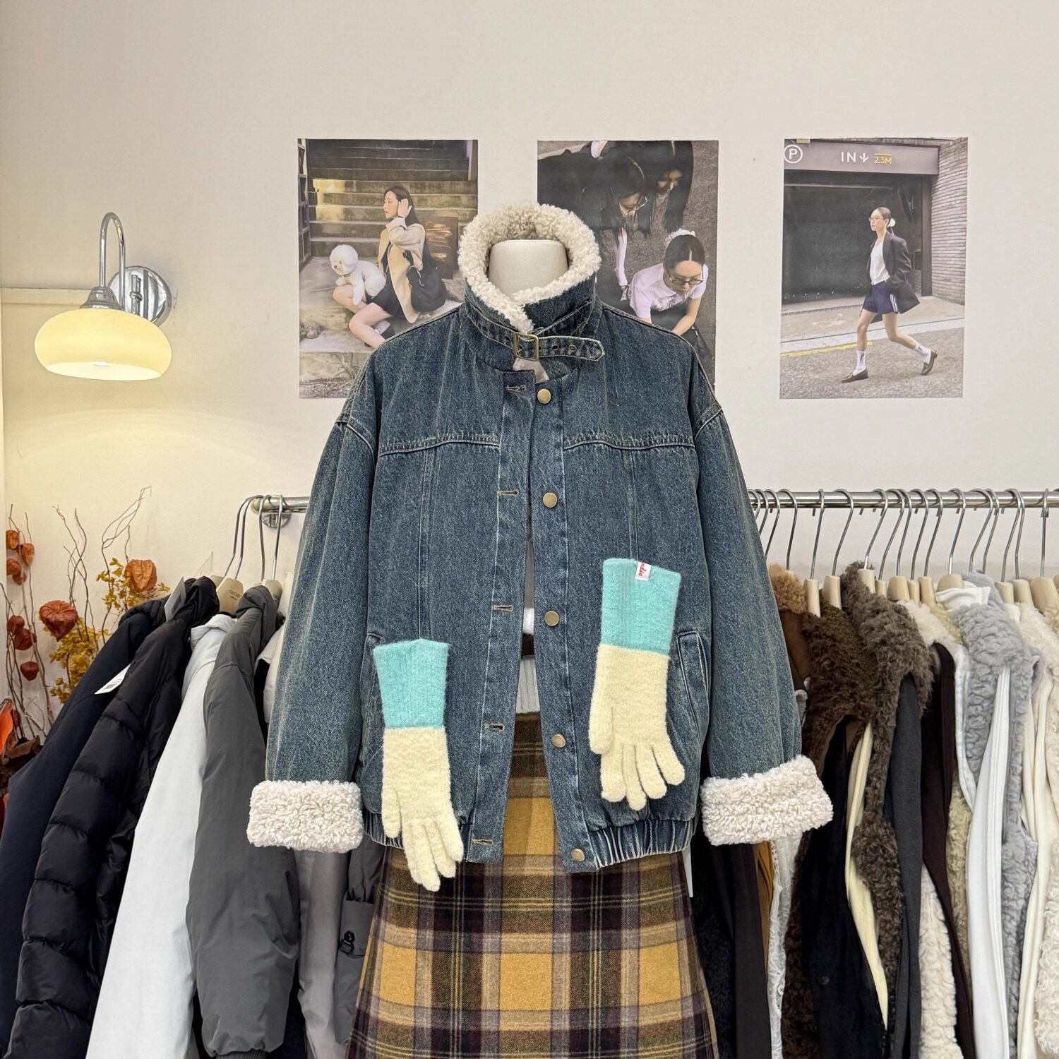 复古韩系拼羊羔毛领牛仔夹棉外套