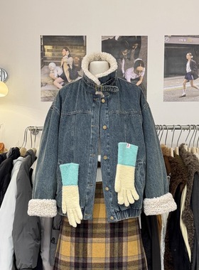复古韩系拼接毛领牛仔外套女冬季加绒加厚时尚保暖宽松立领羽绒服