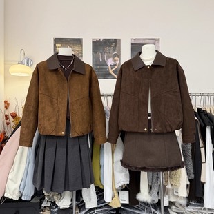 高级感拼接翻皮领鹿皮绒外套女冬季新款时尚显瘦夹棉夹克短款上衣