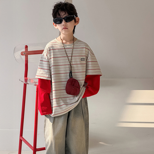 男童长袖T恤春秋款2026新款春季儿童纯棉上衣男孩痞帅假两件条纹t