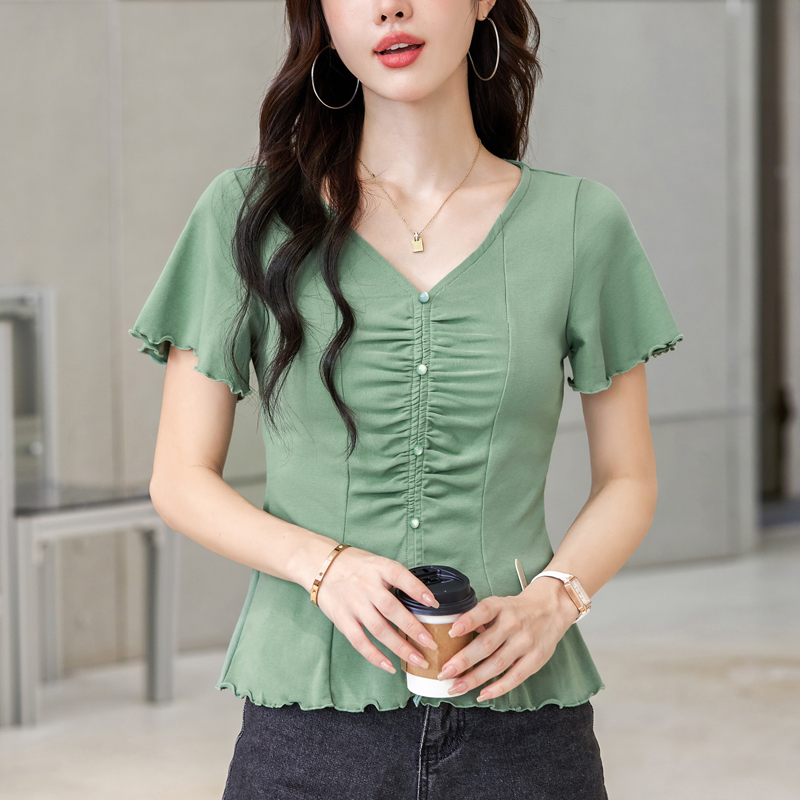 夏季V领荷叶边短袖T恤女2025新款设计感小众褶皱开叉收腰时尚上衣