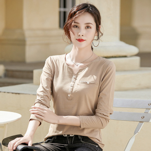 小雏菊纽扣外穿上衣洋气体恤 纯棉长袖 t恤女2025秋装 新款 V领打底衫