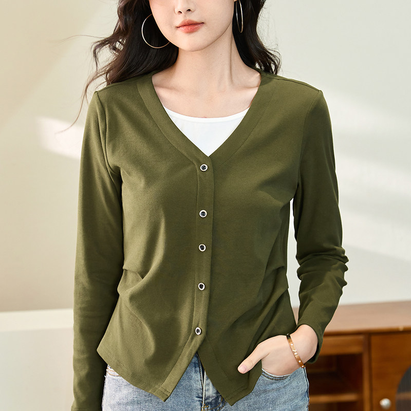 春秋假两件纯棉长袖t恤女新款撞色显瘦内搭打底衫洋气V领外穿上衣