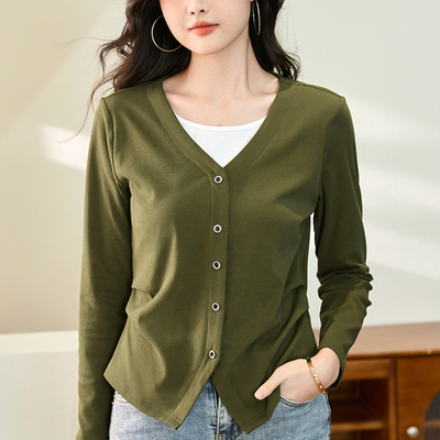 春秋假两件纯棉长袖t恤女新款撞色显瘦内搭打底衫洋气V领外穿上衣