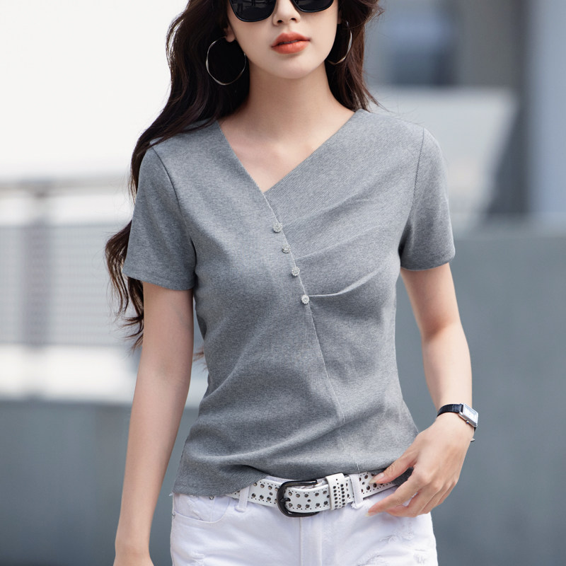 V领短袖t恤女不规则褶皱半袖2025新款夏季正肩洋气设计感上衣小衫