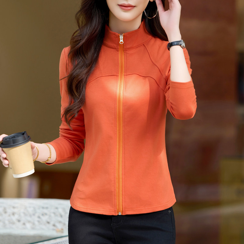 纯棉立领拉链开衫长袖t恤女外套2025新款春秋打底衫内搭修身上衣