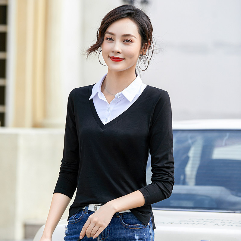 2025春秋装假两件衬衫领t恤女长袖有领内搭打底衫翻领Polo衫上衣