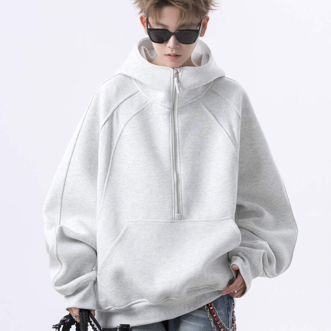 美式高街连帽半拉链卫衣男