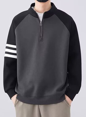 美式复古半拉链立领卫衣男春秋季学院风潮牌宽松休闲套头学生上衣