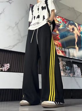 美式复古三条杠休闲卫裤男女春秋季宽松百搭直筒垂感阔腿弯刀裤子