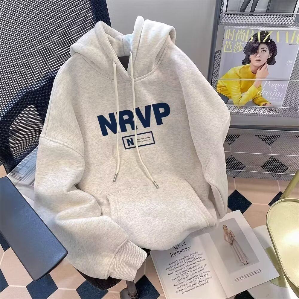 港风chic潮牌加绒连帽卫衣男女秋冬季情侣装大码宽松休闲运动外套
