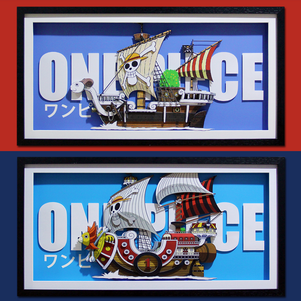 海贼王装饰画 3d纸艺立体画 黄金梅利号&千里阳光号 海贼船带框画