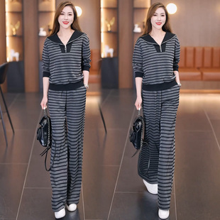 巨好看的条纹卫衣套装2026新款爆款春装超火减龄穿搭阔腿裤两件套