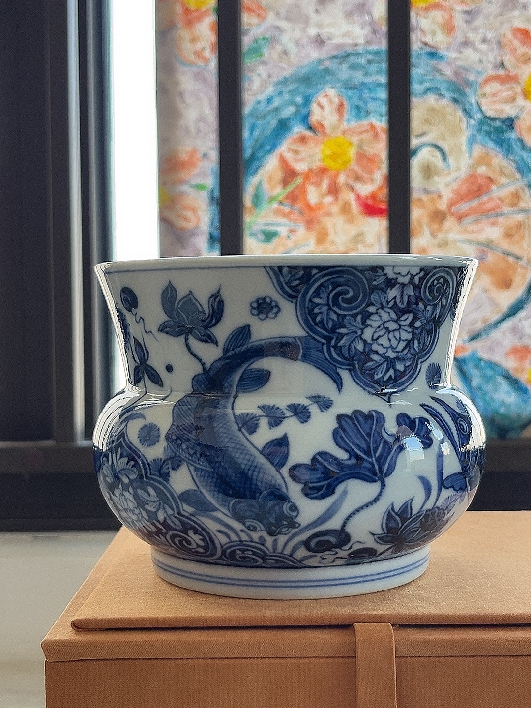 景德镇待月观山仿古手绘青花穿花鱼藻纹水洗陶瓷花瓶摆件全手工