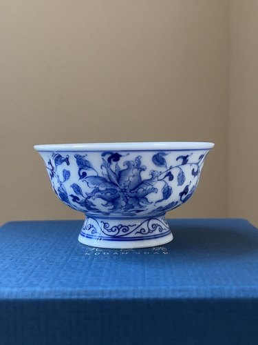 九段烧 妙手青花款缠枝牡丹小高足 景德镇青花手绘高端主人杯茶杯