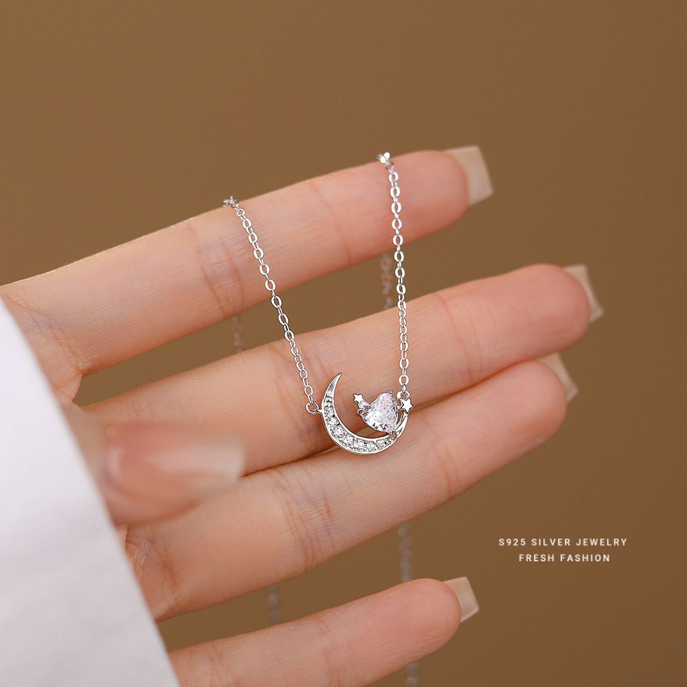 韩版星月爱心锆石项链女s925纯银百搭高级感气质轻奢风锁骨链代发