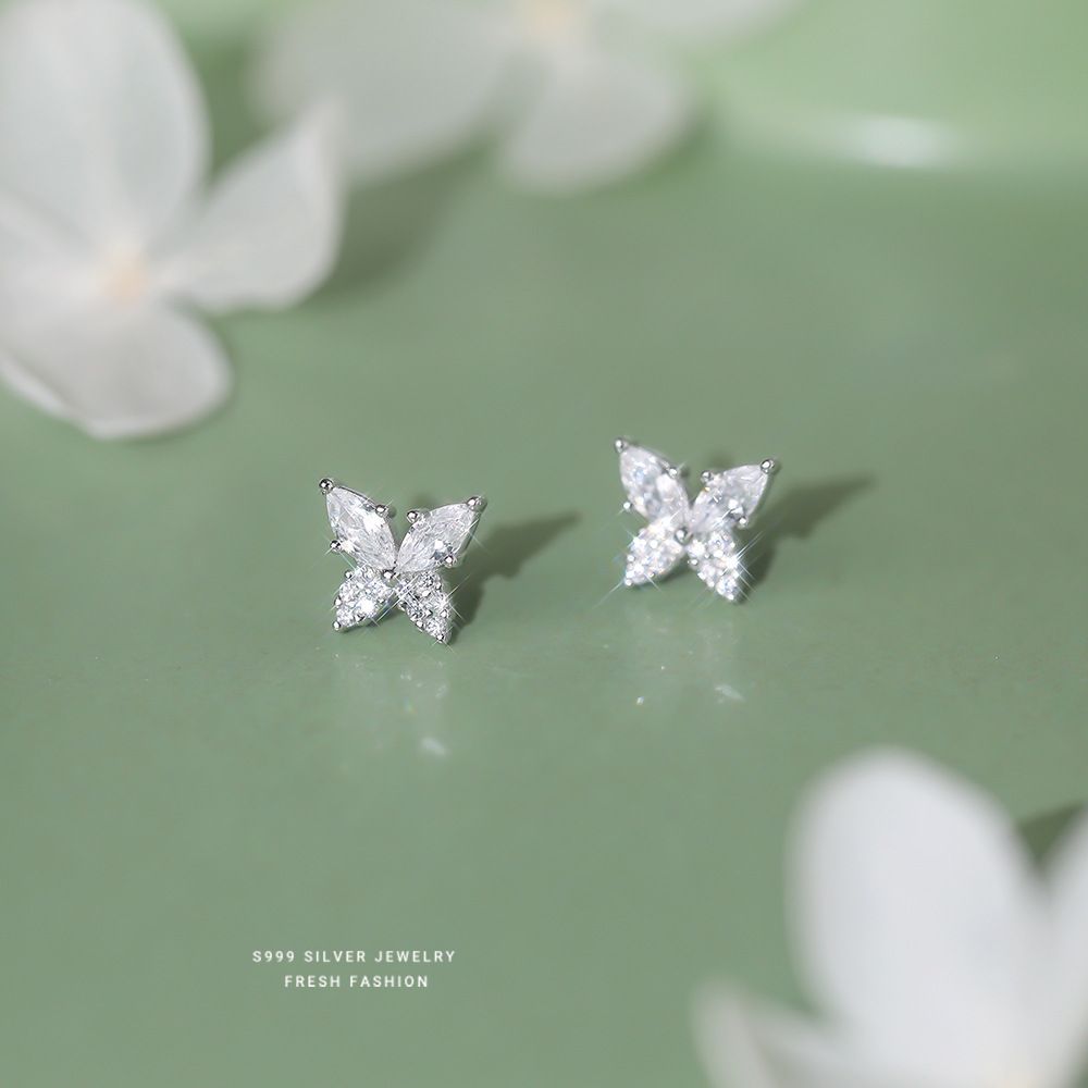 精致超闪蝴蝶耳钉女S999纯银镶嵌锆石小清新甜美潮流森系耳环耳饰
