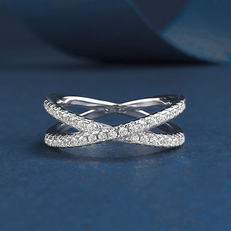 莫桑钻戒指925純銀不掉色女小众交叉排戒满镶仿真钻饰品