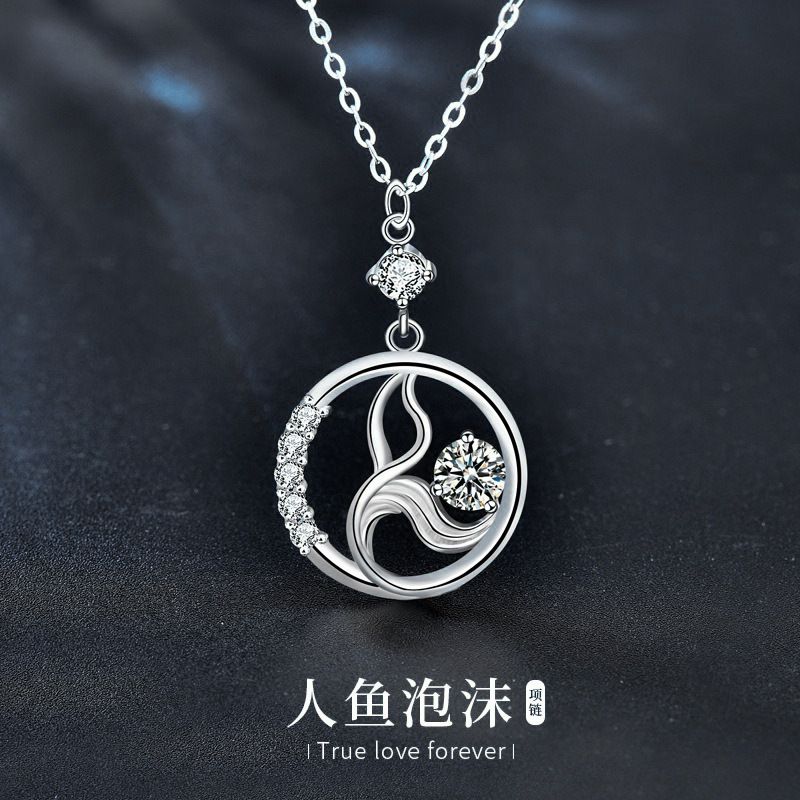 原创925纯银人鱼泡沫项链女莫桑毛衣链设计感小众高级感秋冬长款