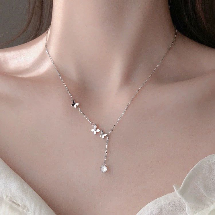 新款S925纯银项链女百搭小众韩版可调节流苏蝴蝶结锁骨链轻奢项饰