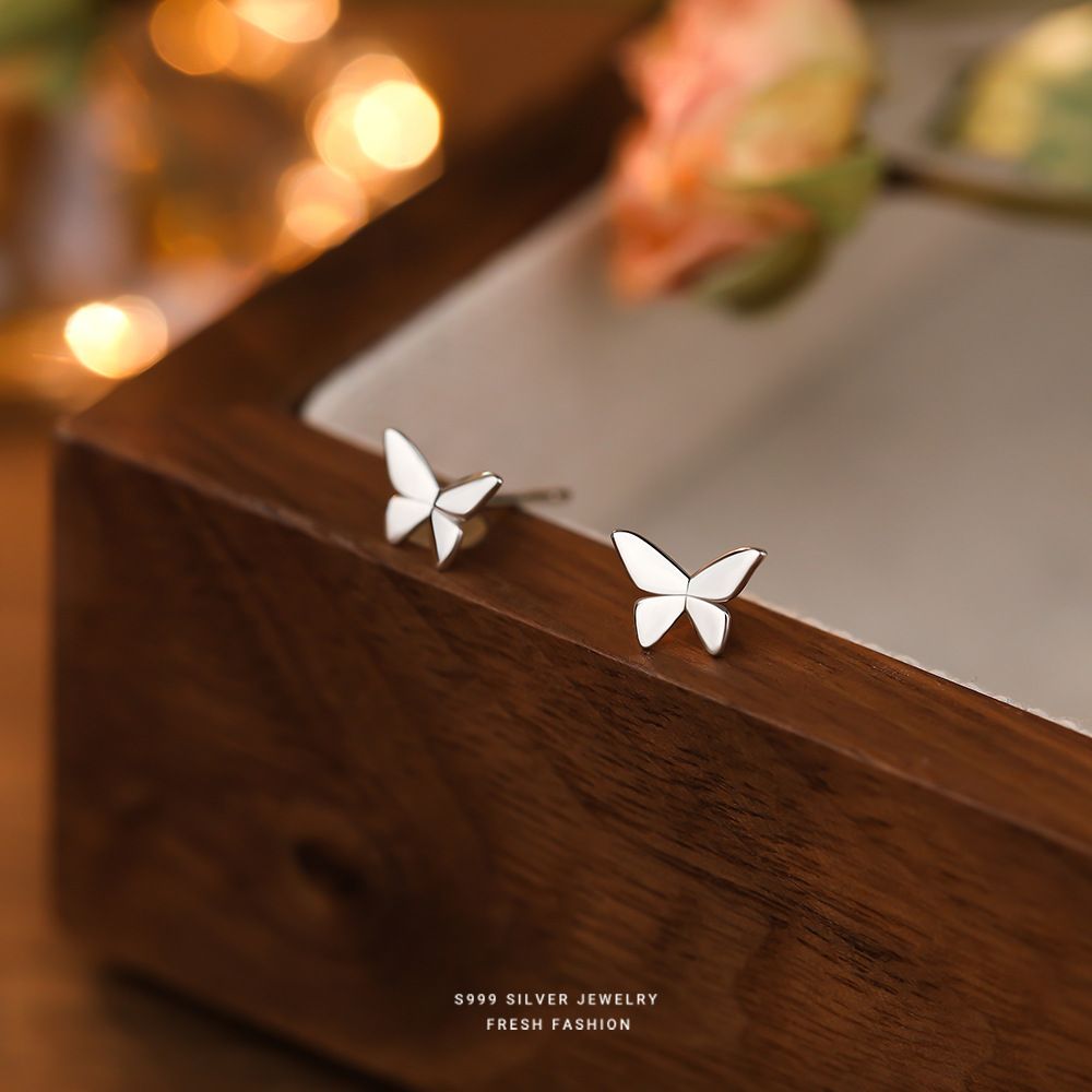 云小舒森系蝴蝶耳钉女s999纯银百搭小清新时尚足银精致耳饰养耳洞
