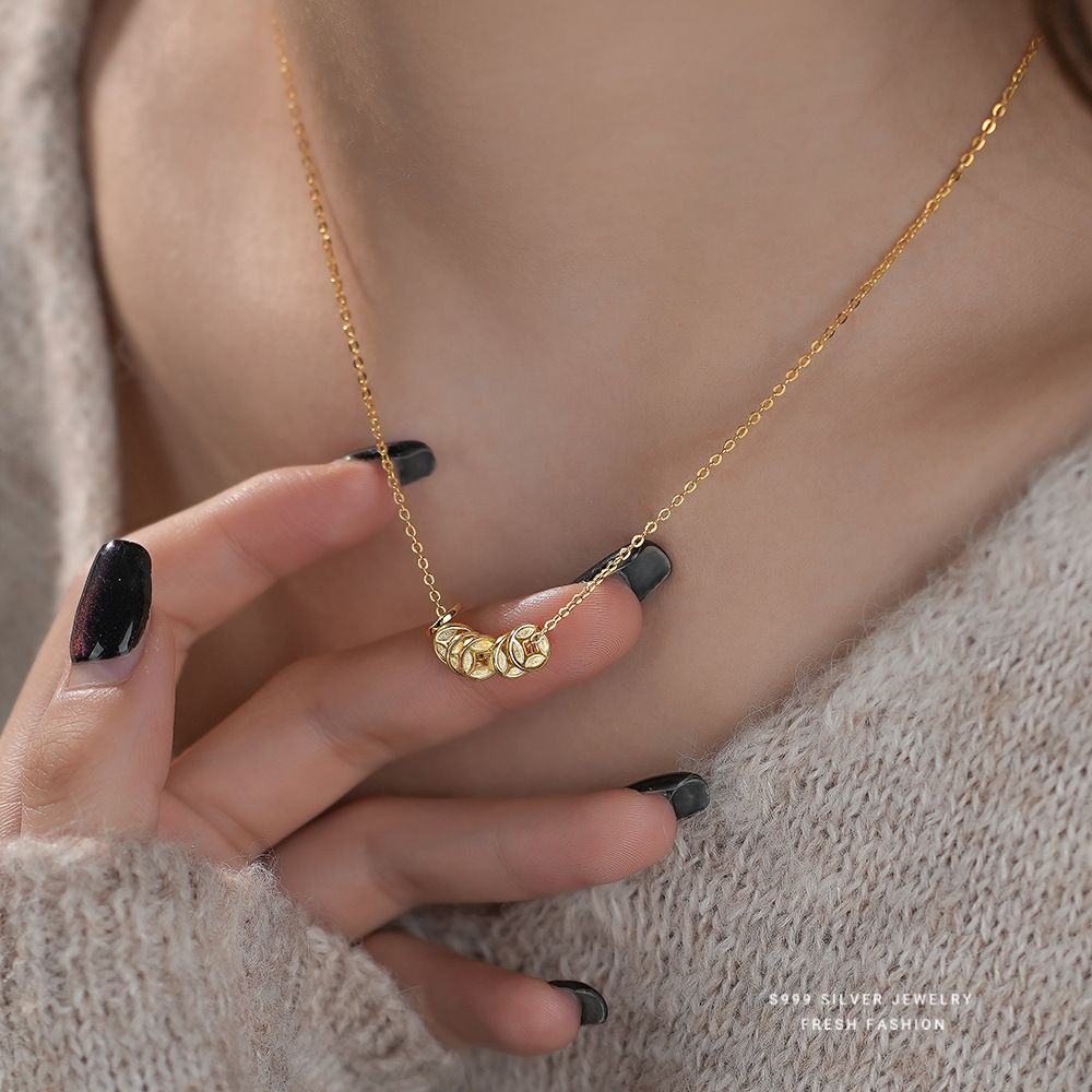 新中式国潮钱多多金币项链女s999纯银简约铜钱新年款足银锁骨链