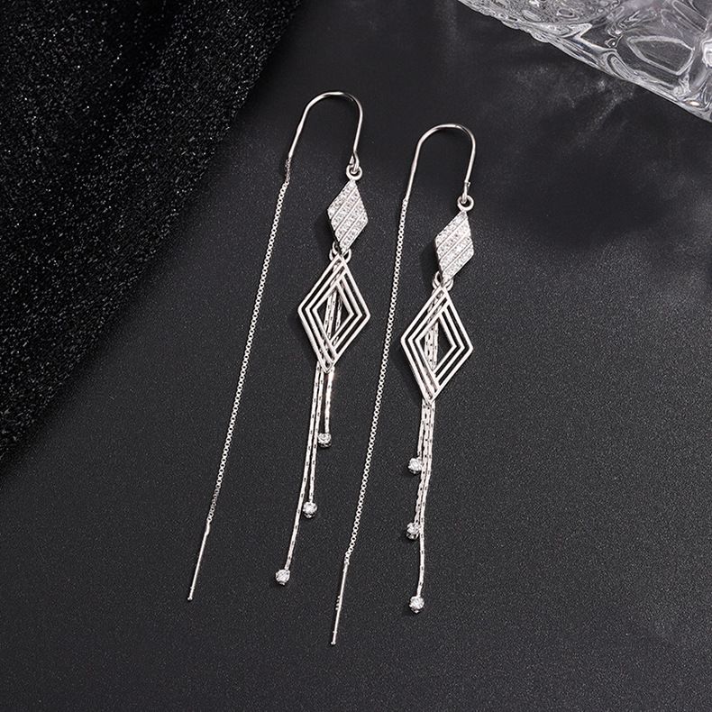 S925纯银菱形流苏长款耳环女韩版轻奢高级感小众ins气质百搭耳饰