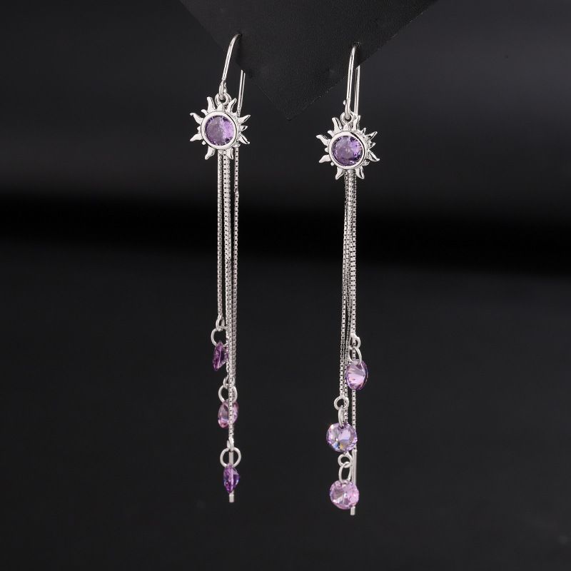 S925纯银太阳耳线女轻奢高级感紫色锆石耳环长款流苏网红气质耳饰