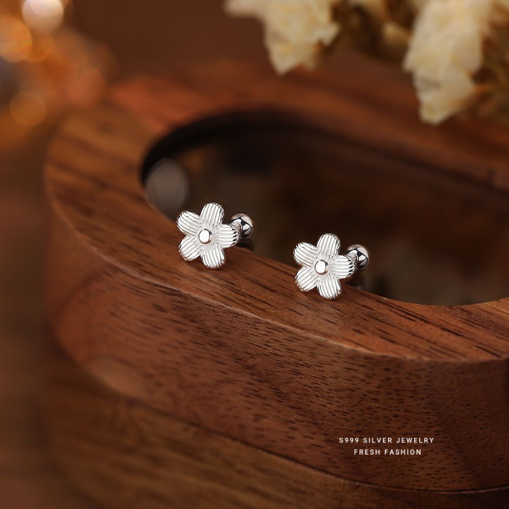 森系甜美花朵耳钉女s999纯银小众设计简约百搭足银拧螺丝耳饰潮流